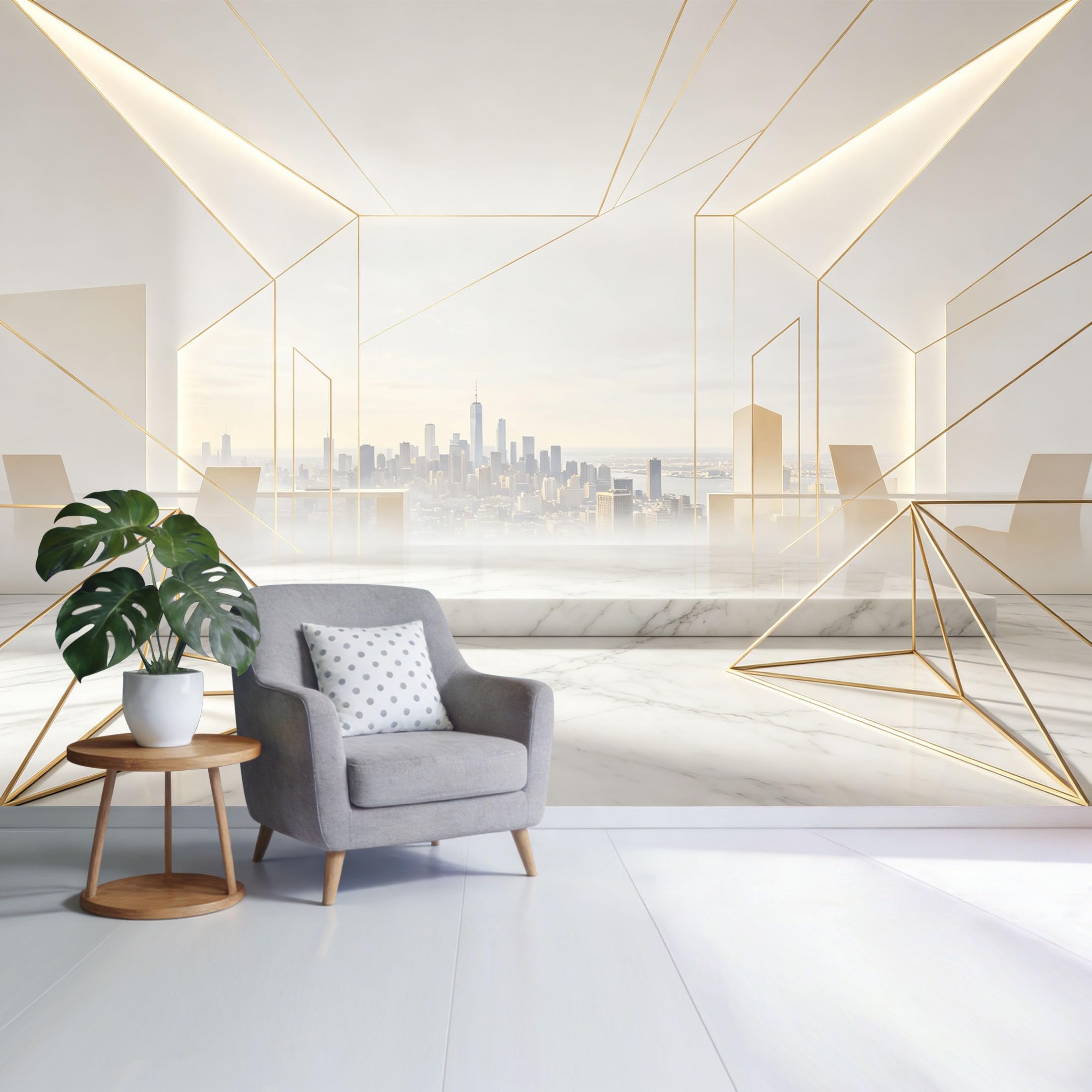 Custom Size Wall Mural Modern Geometric City Skyline View Gold Line Marble Texture Minimalist SelfAdhesive Wall Fabric Removable Wallpaper for Home Office Decor