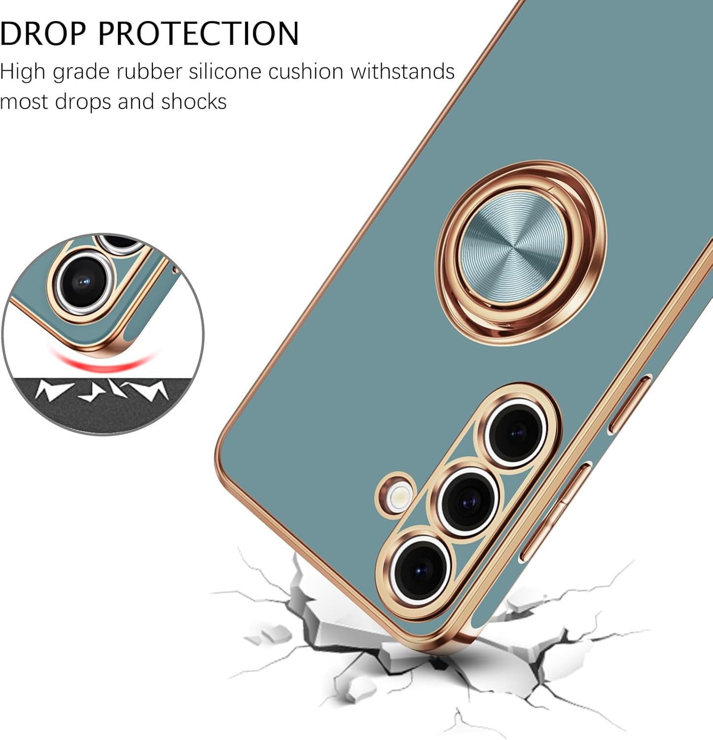 Telaso for Samsung Galaxy S25 Case, 360° Rotation Kickstand Ring Holder Plating Edge Soft Rubber TPU Bumper Slim Flexible Shockproof Protective Phone Case Cover for Samsung S25 2025, Gray Green - Image 2