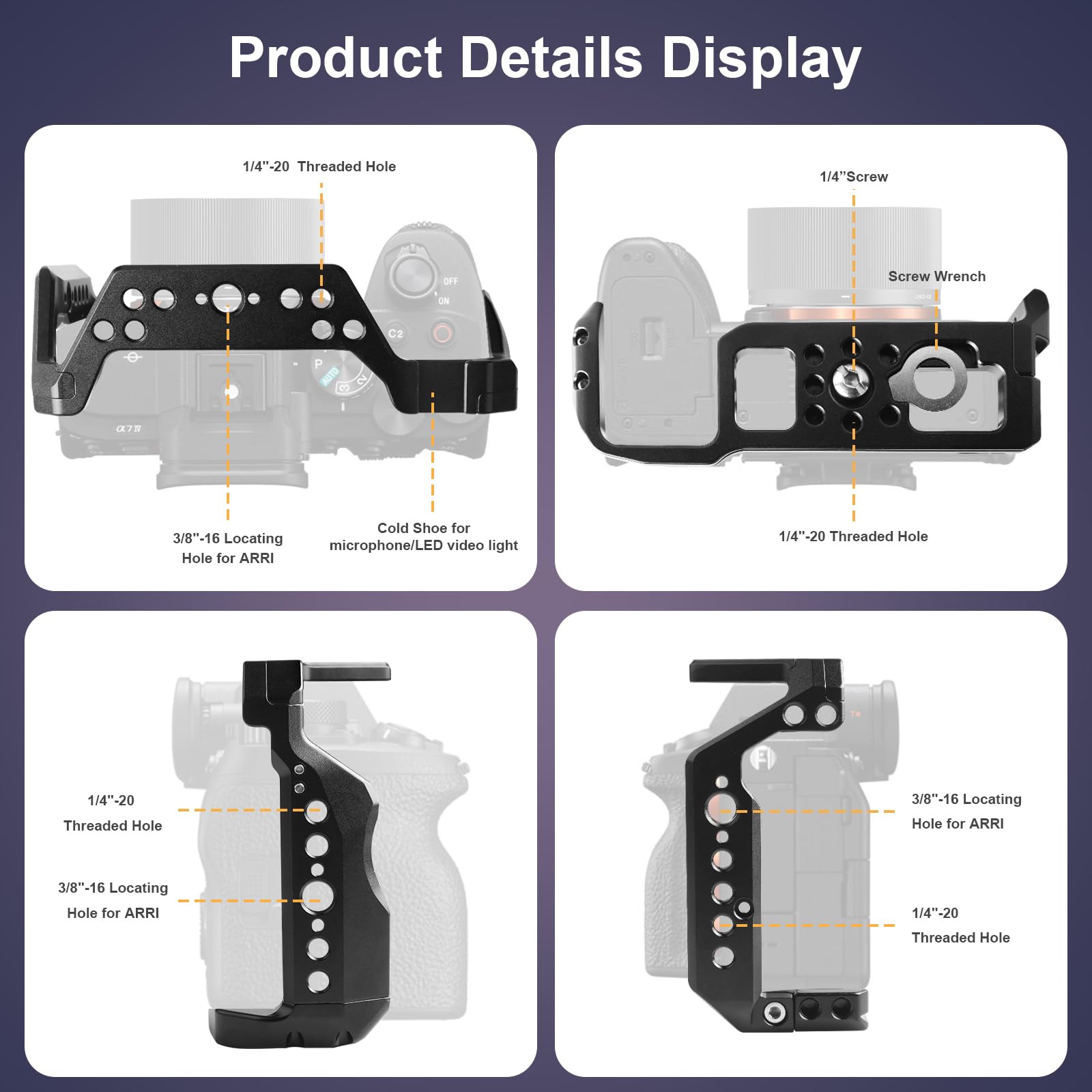 A1/A9 II/A7R4A/Alpha 7S III/ILCE-7M4/A7R4 Kamerakäfig, A7S3/A7SM3/A7S III/A7R IV Käfig mit Cold Shoe Mount für ARCA und kompatibel mit ARRI 3/8 Zoll Schnittstelle für Filmemachen