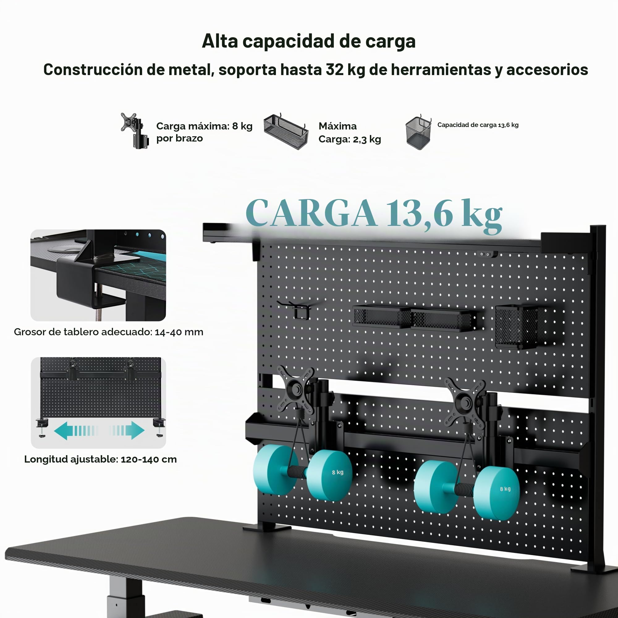 EUREKA ERGONOMIC Tablero de clavijas de escritorio, tablero de clavijas de acero con soporte para monitor doble, accesorios de escritorio de computadora para oficina, panel de privacidad para