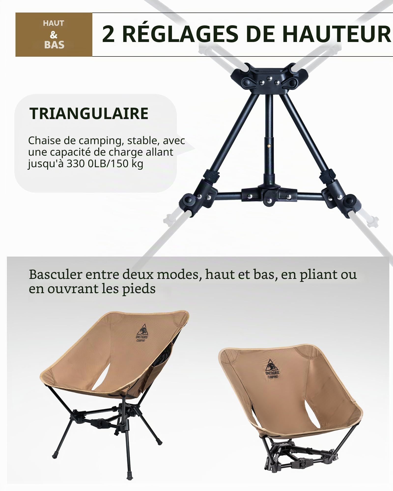 OneTigris TIGERBLADE Camping Fauteuil Pliable 150 kg, Cadre Triangulaire, Légère, avec 2 Poches Latérales, pour l'Extérieur, la Randonnée, Marron Coyote