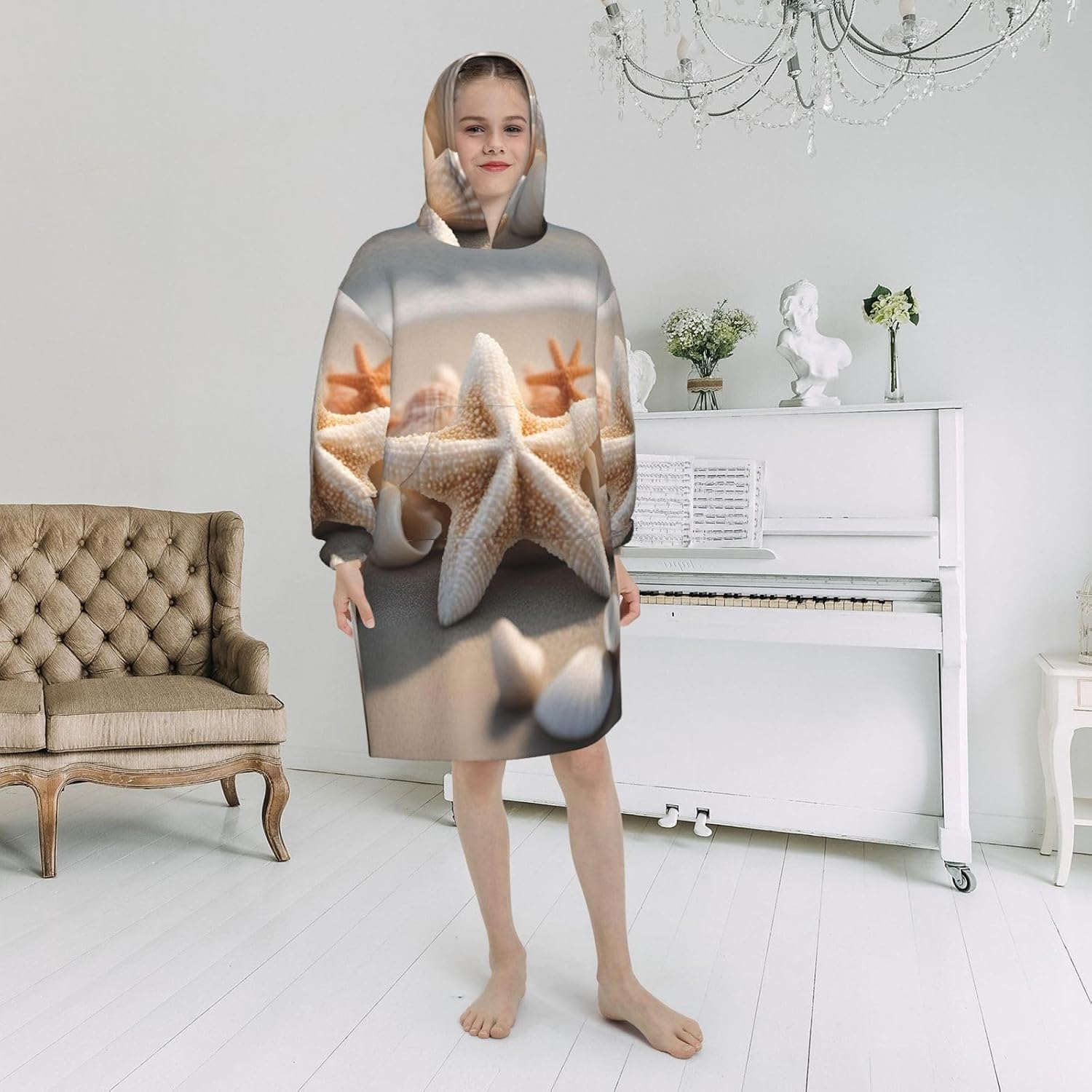 Seashell Starfish Print Oversized Blanket Hoodie, Wearable Blanket Hooded,Hooded Pullover With Pocket