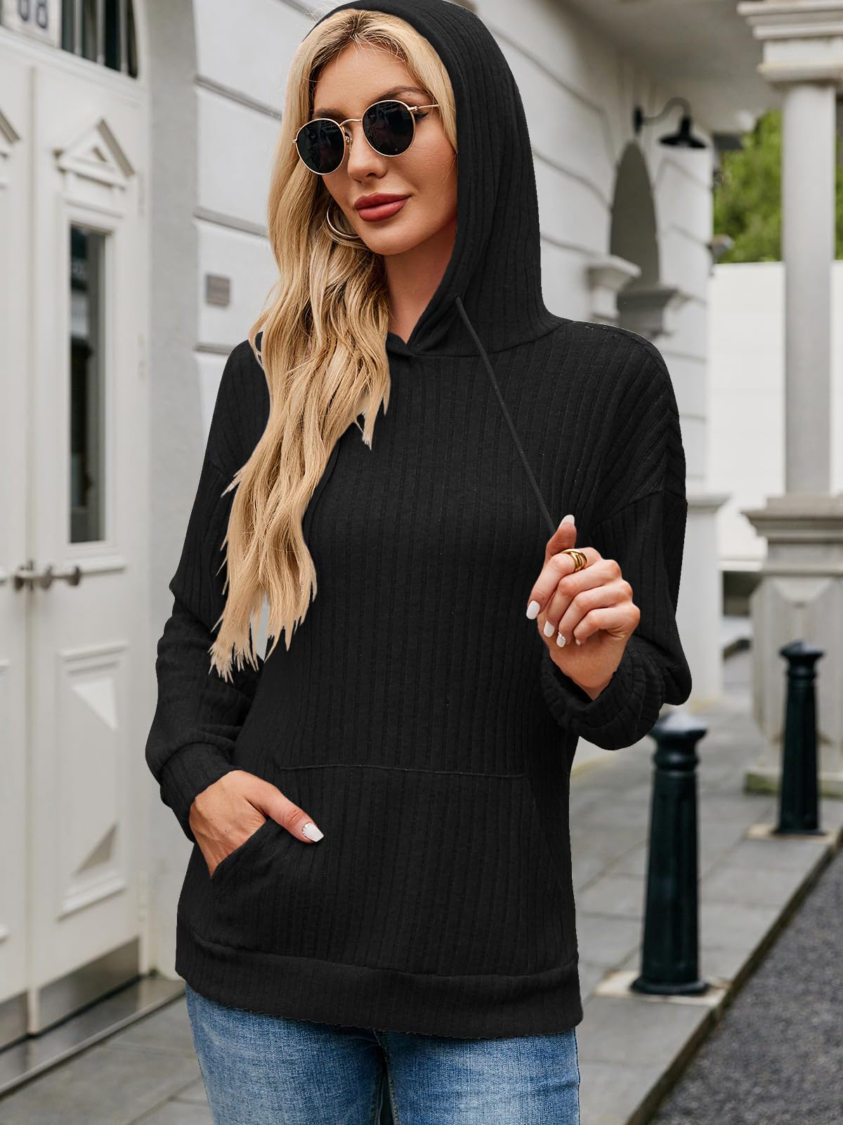 Decorie Elegancka bluza damska z kapturem, sweter zimowy z długim rękawem