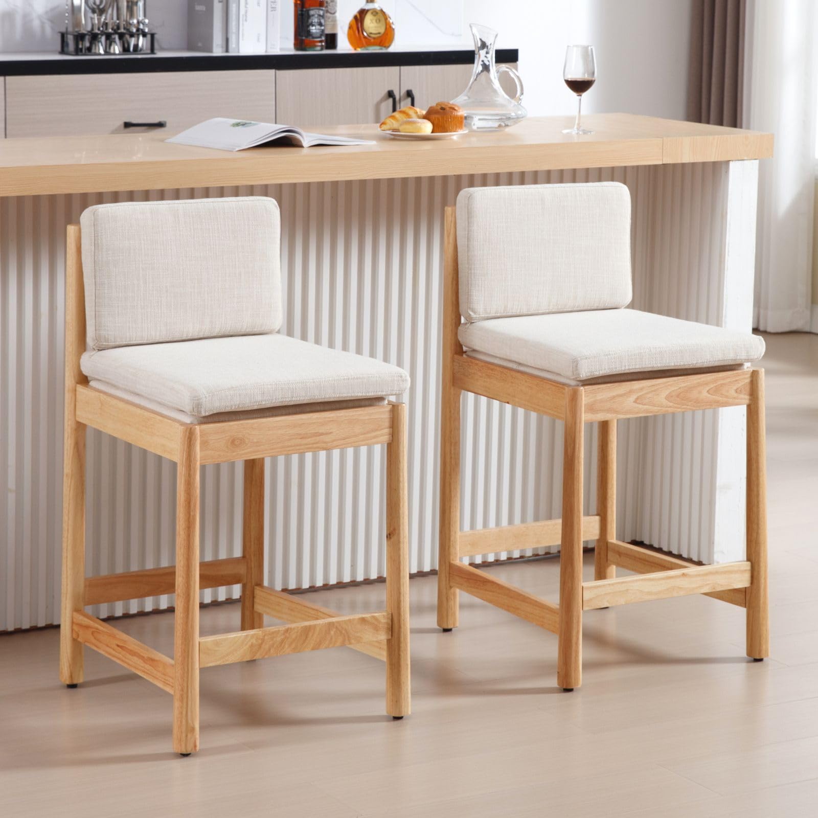 LukeAlon Linen Counter Stools Set Of 2, Natural Rattan Cane