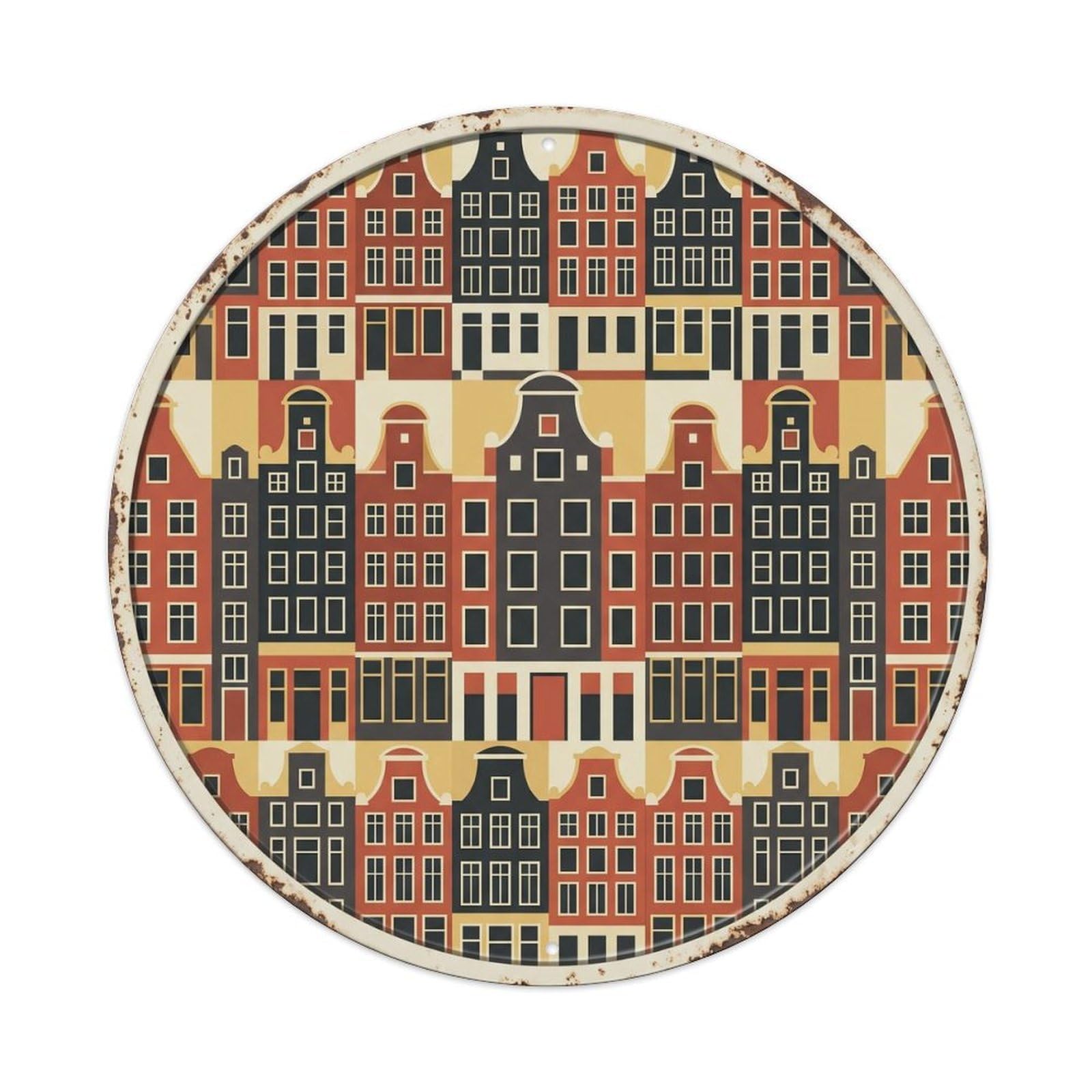 Amsterdam Macro Canal Travel Metal Tin Sign Plaque Wall Decor for Cafe, Club, Garden Round Metal Poster 8x8Inch