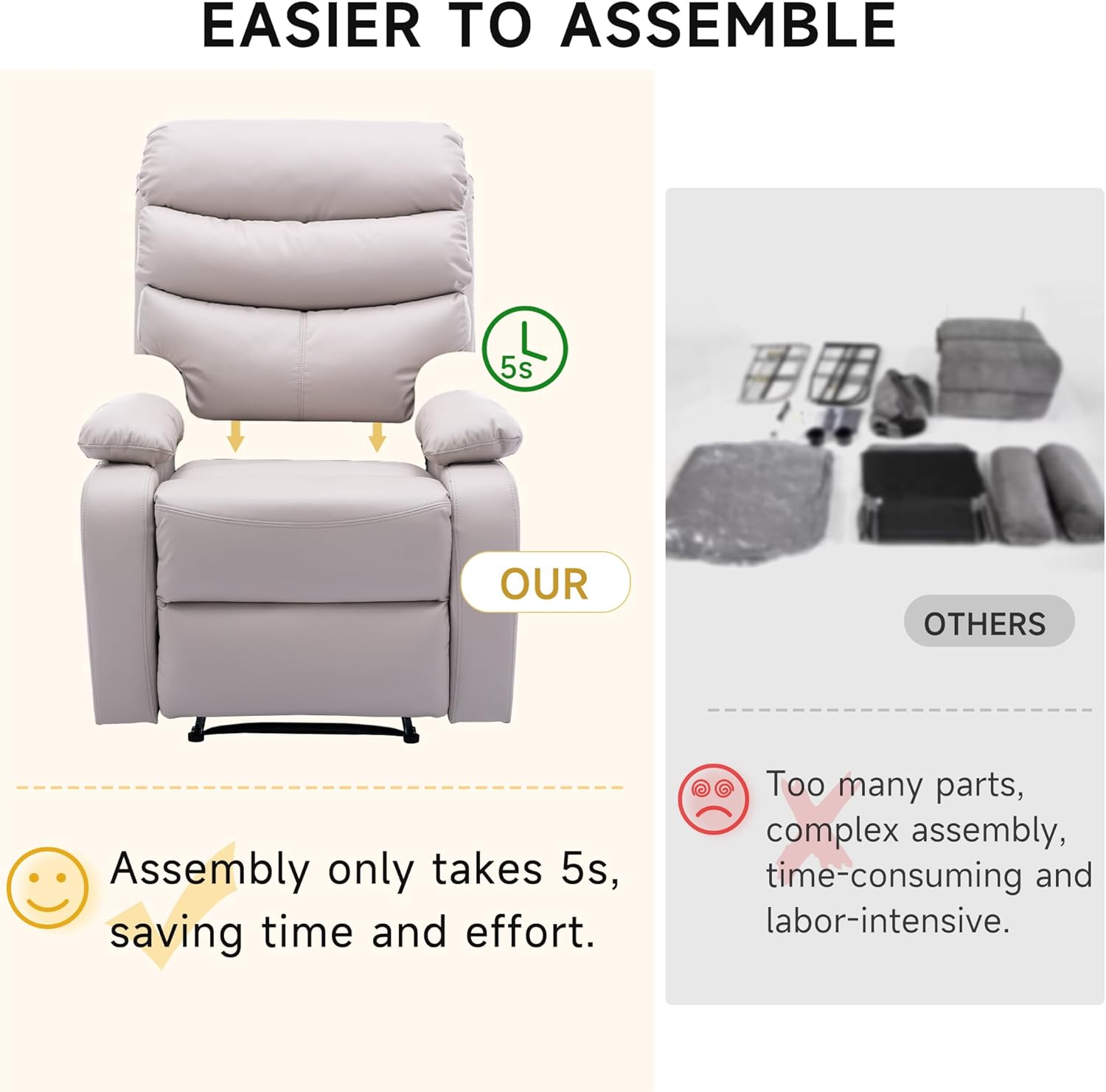 Manual Recliner Chairs for Adults, Small Recliners for Small Spaces, PU Leather Recliner Chair, Single Sofa Living Room Chair for RV, Beige