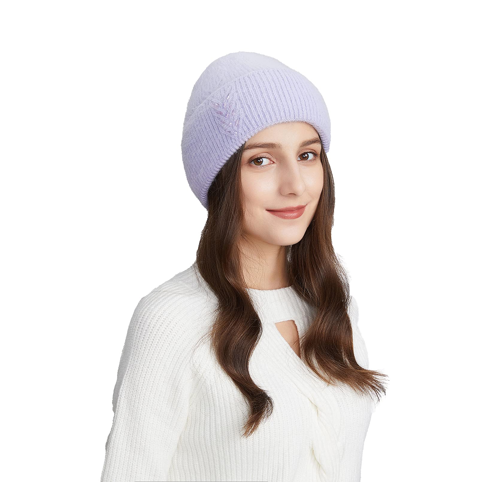BeFur Bonnet à pompon en cachemire pour femme - Chaud - Côté large avec strass - Pour l'hiver, Violet, Taille unique