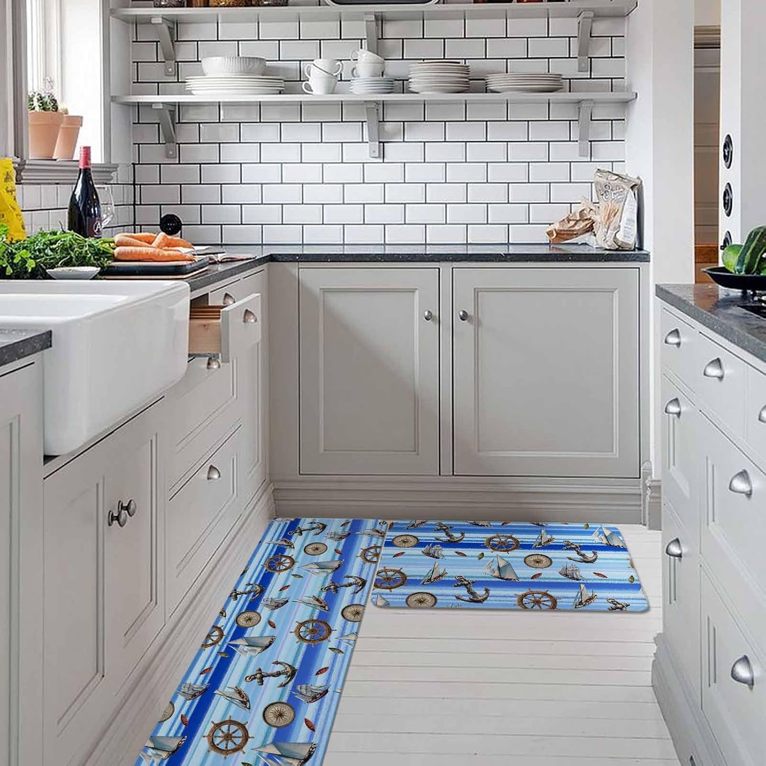 Nautical Anchor Compass Kitchen Rugs and Mats Set of 2, Non-Slip Kitchen Sink Mat, Coastal Blue Striped Washable Doormat Bathroom Rugs Runner for Bedroom/Living Room 19.7"x23.6"+19.7"x47.2"