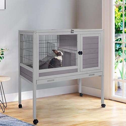 Rabbit Hutch - Jaula de conejillo de indias para interiores y exteriores, con malla de alambre, jaula para animales pequeños sobre ruedas, 35