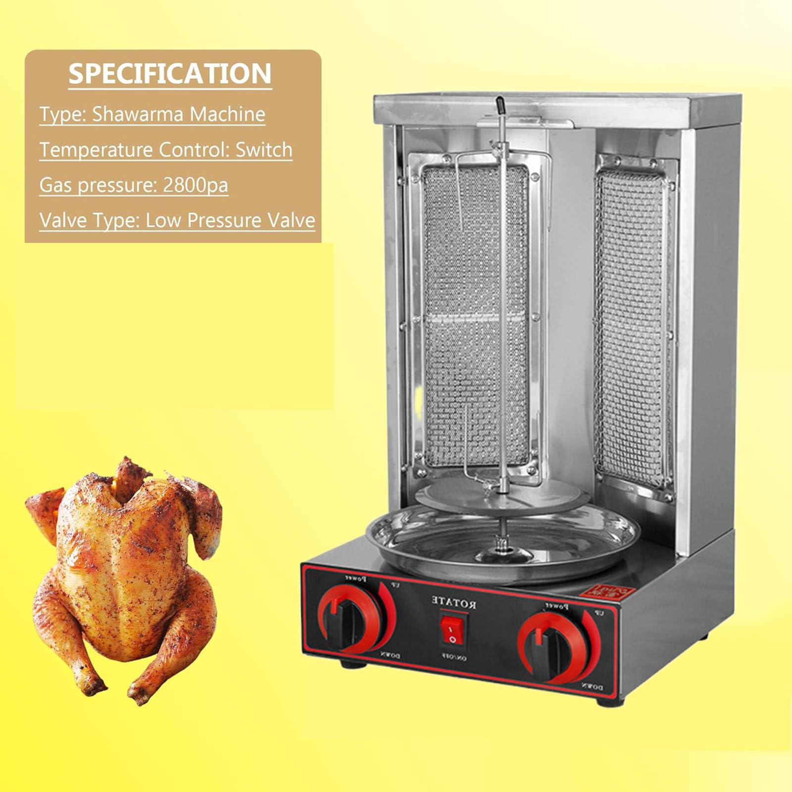 Machine de Poulet Fait Maison, Rôtissoire de Comptoir, Kebab, Rôtissoire Verticale au Propane, Poulet Turc, Doner Kebab, Gril avec 2 Brûleurs, pour la Cuisine de Restaurant à Domicile,Pan