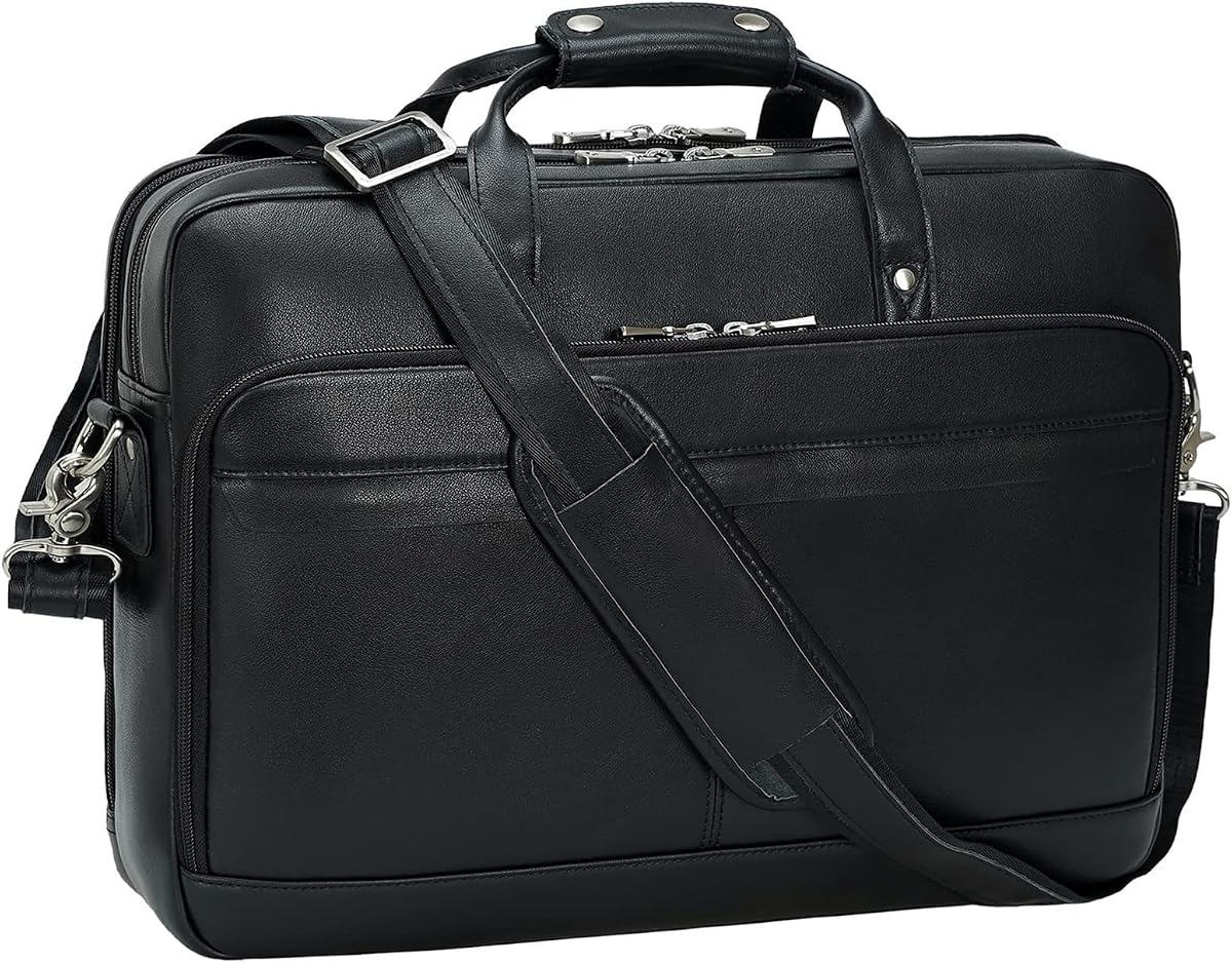 Leather Briefcase for Men 15.6" 17" Laptop Business Messenger Bag | Computer Sleeve, Travel Luggage Strap, Professional Office Work Lawyer Crossbody Shoulder Attache Case
