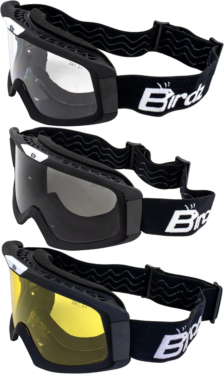 Birdz Eyewear Pelican 3 Pairs Motorcycle Safety Goggles Fitover Black TPU Frame w/Clear Smoke & Yellow Lenses