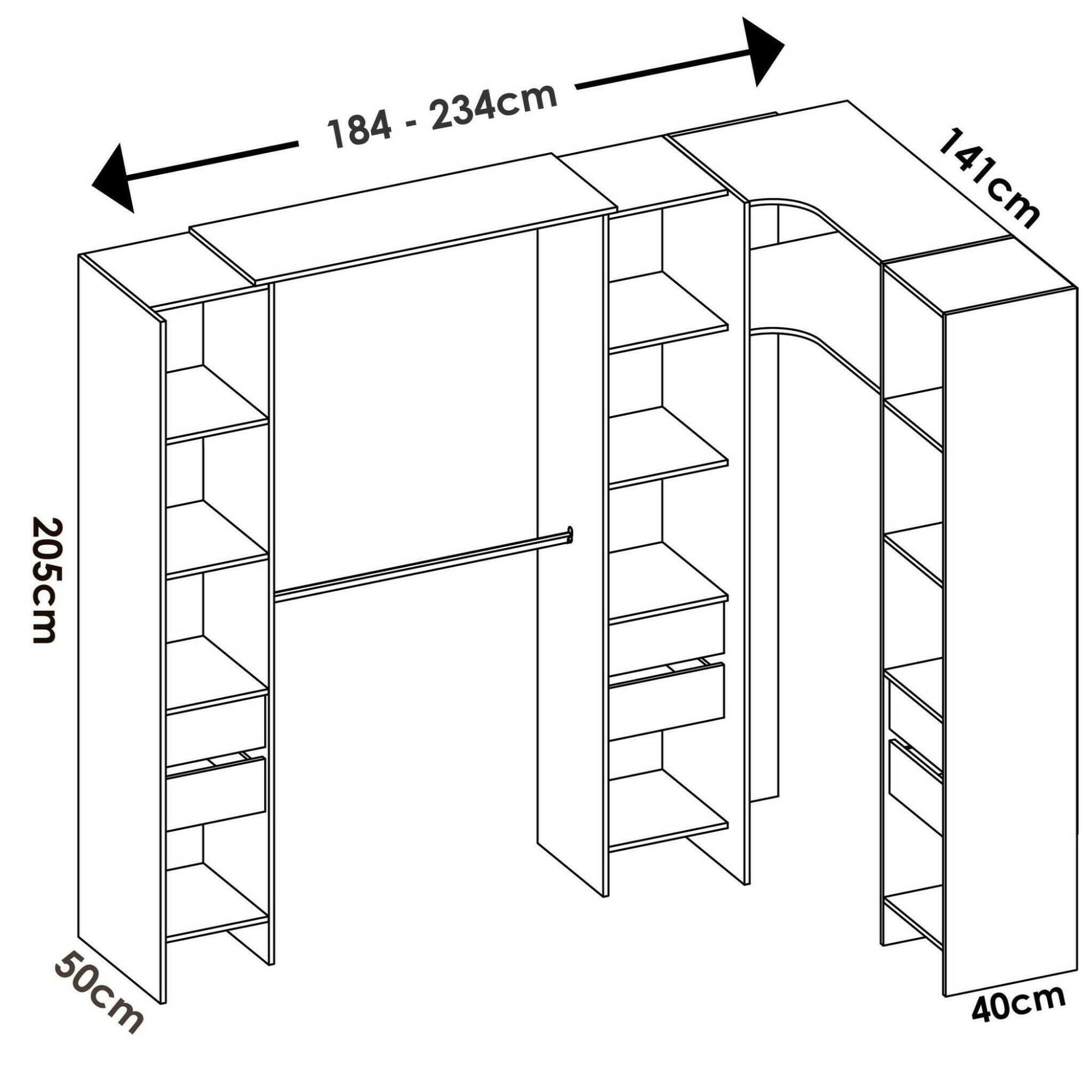 Dmora - Guardaroba grande Biaena, Mobile camera da letto, Cabina armadio portabiti, Armadio appendiabiti, 234x141 h205 cm, Bianco