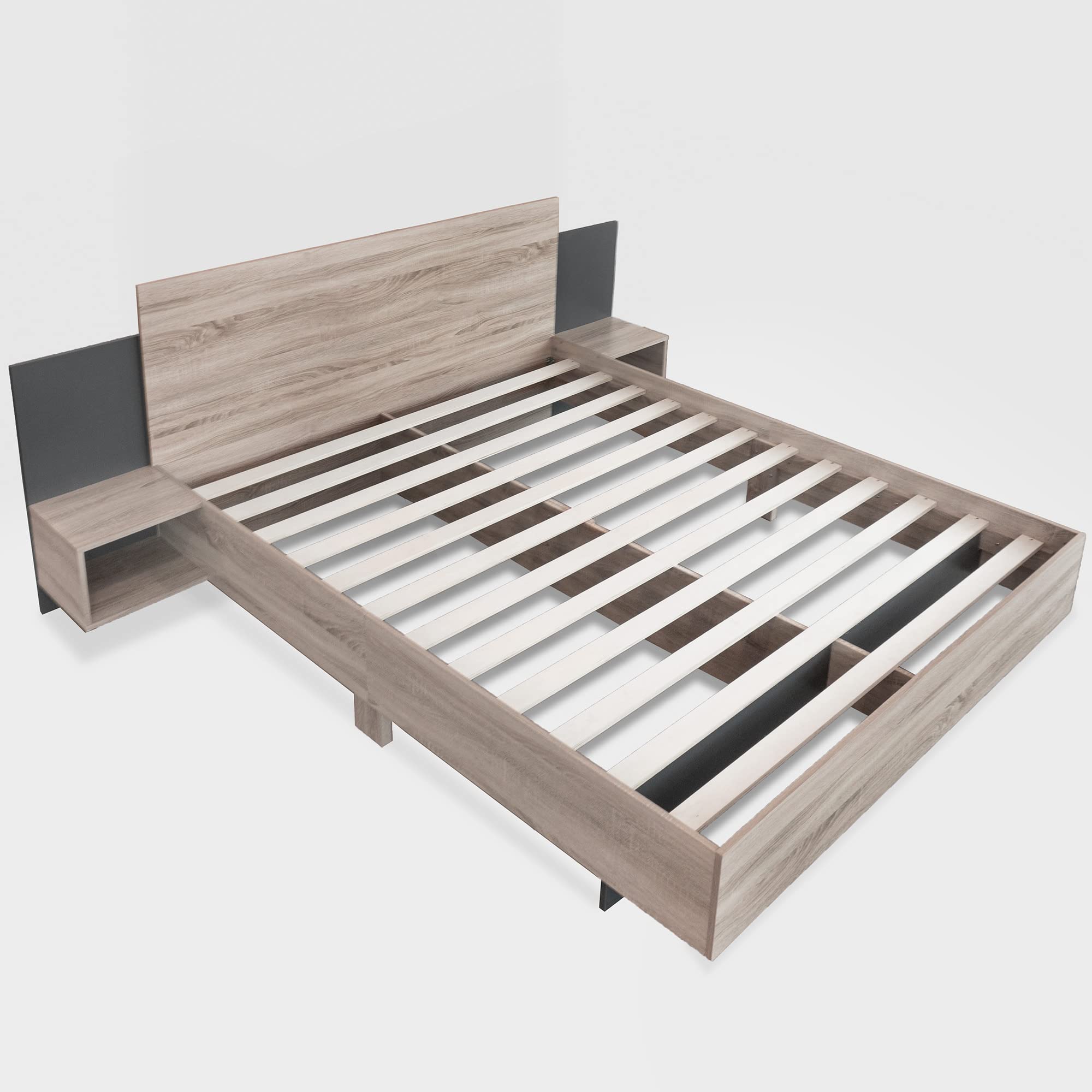 Holzbett Doppelbett Bettanlage mit 2 Nachtkommoden, 160 x 200 cm Modernes Bett mit Lattenrost und Kopfteil, Schlafzimmer Komplett Set in Eiche & Dunkelgrau, für Erwachsene & Jugendliche