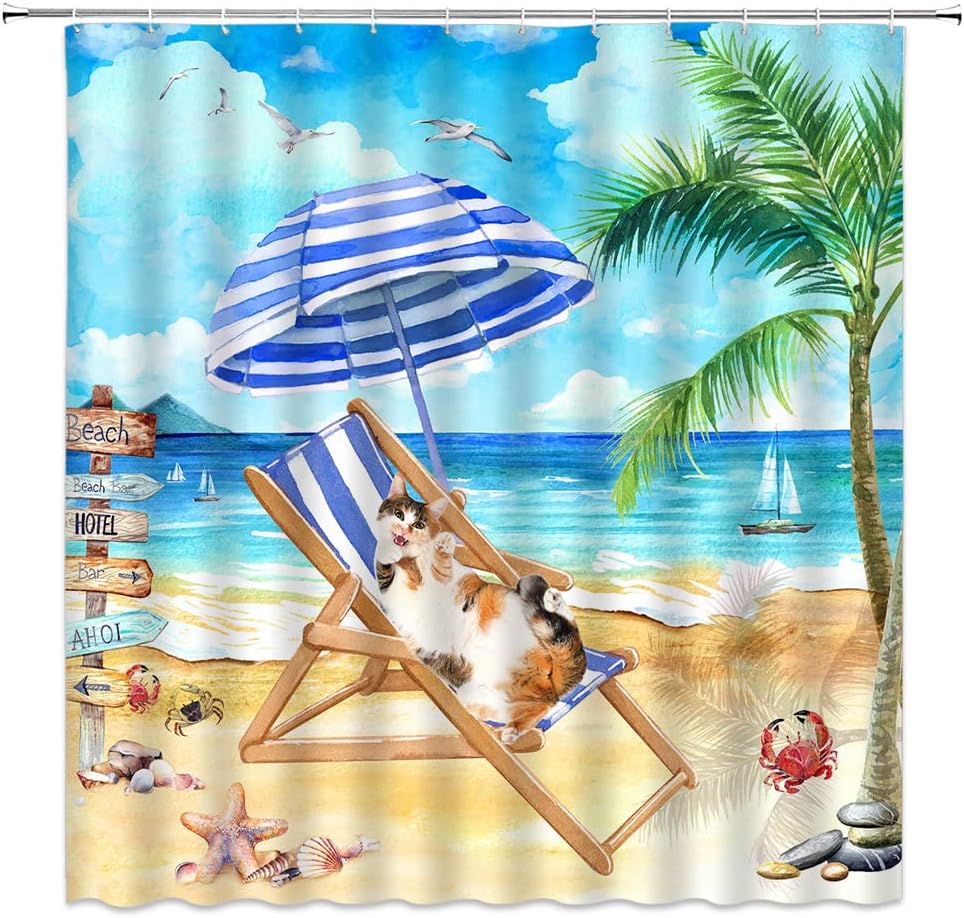 DePhoto Funny Cat Shower Curtain Cute Kitten Beach Blue Sea Ocean Watercolor Palm Tree Animal Starfish Nautical Bathroom Curtain Decor Fabric Bathroom Curtain with 12 Hooks 72x72 Inch