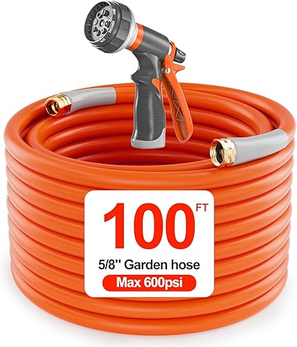 Manguera de jardín resistente de 100 pies x 58 pulgadas. Manguera de agua flexible y ligera  600 ráfagas PSI  Boquilla de 8 funciones  Accesorios de