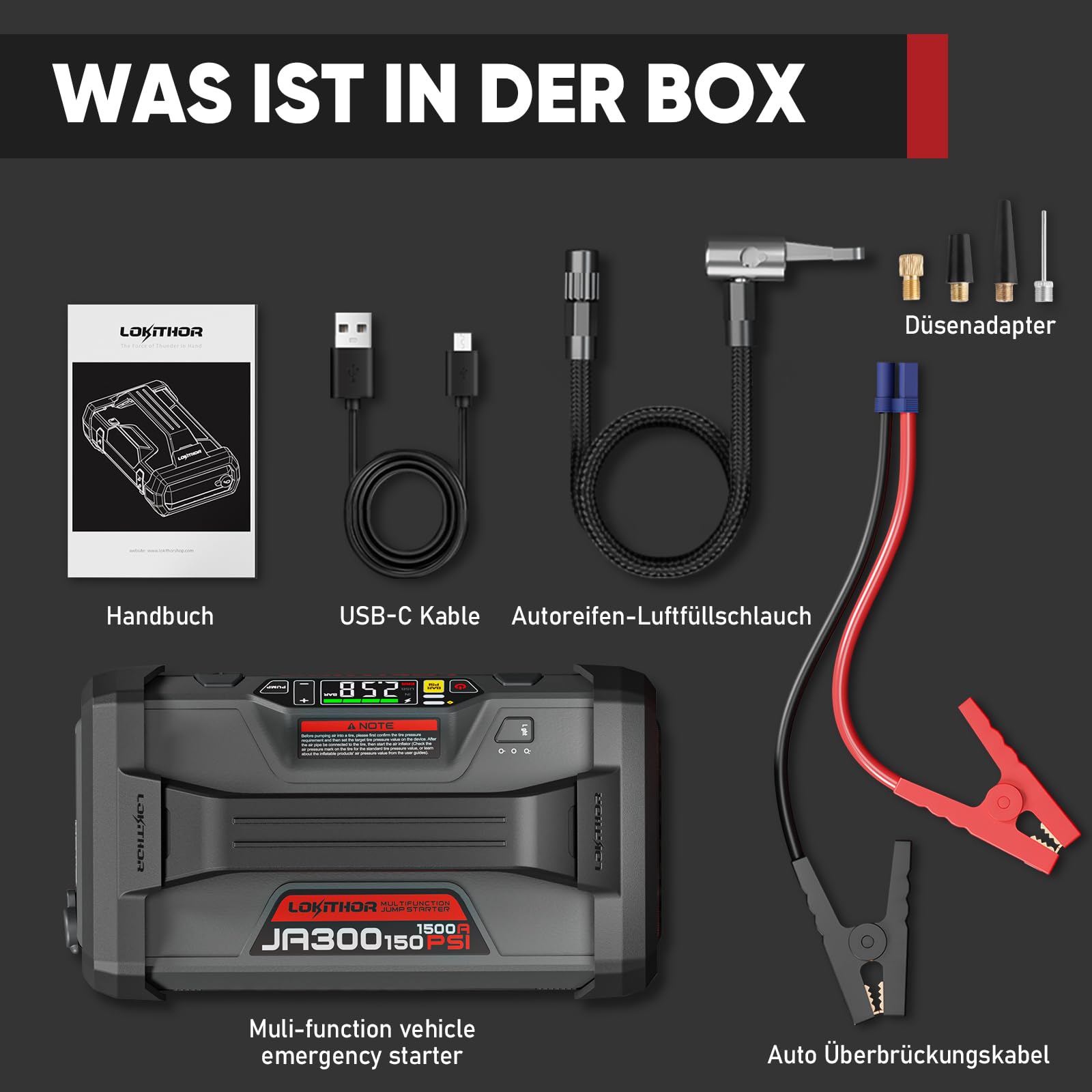 LOKITHOR JA300 Starthilfe Powerbank mit Kompressor, 1500A 12V Autobatterie-Booster 18000 mAh Jump Starter mit Luftpumpe für bis zu 7,0L Benzin oder 4,5L Diesel 150 PSI Reifenfüller mit Digitalanzeige