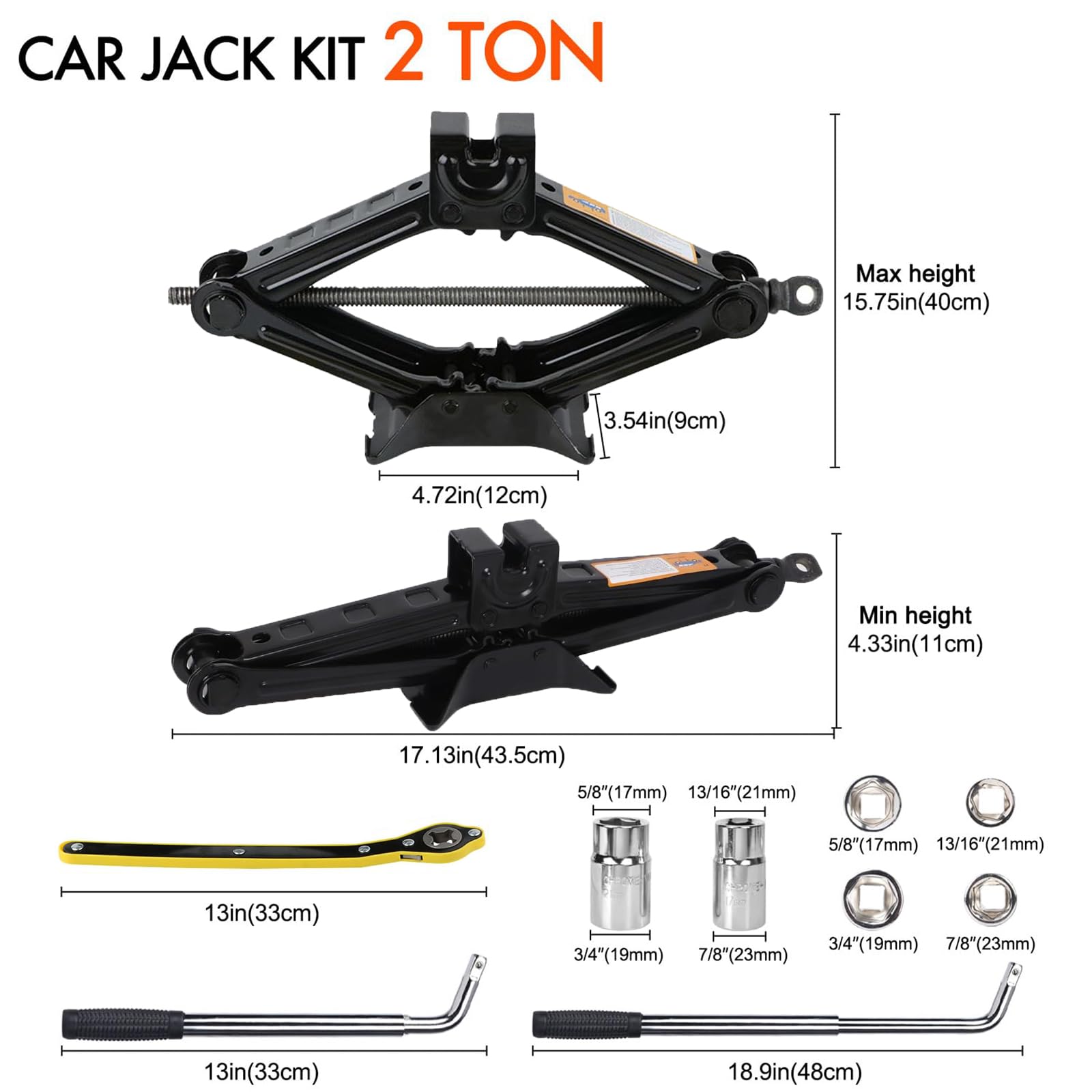 Rarapop Kit cric per auto con cric a forbice per 2 tonnellate (2000 libbre) Kit di emergenza universale con chiave a capocorda per cambio pneumatici per auto SUV