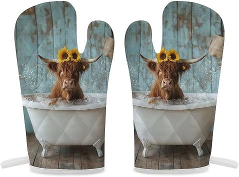 Funny Cute Cow Oven Mitts 2 Pcs, White Claw Foot Tub Heat Resistant Glove Trendy Non-Slip Baking Mitts Kitchen Accessories