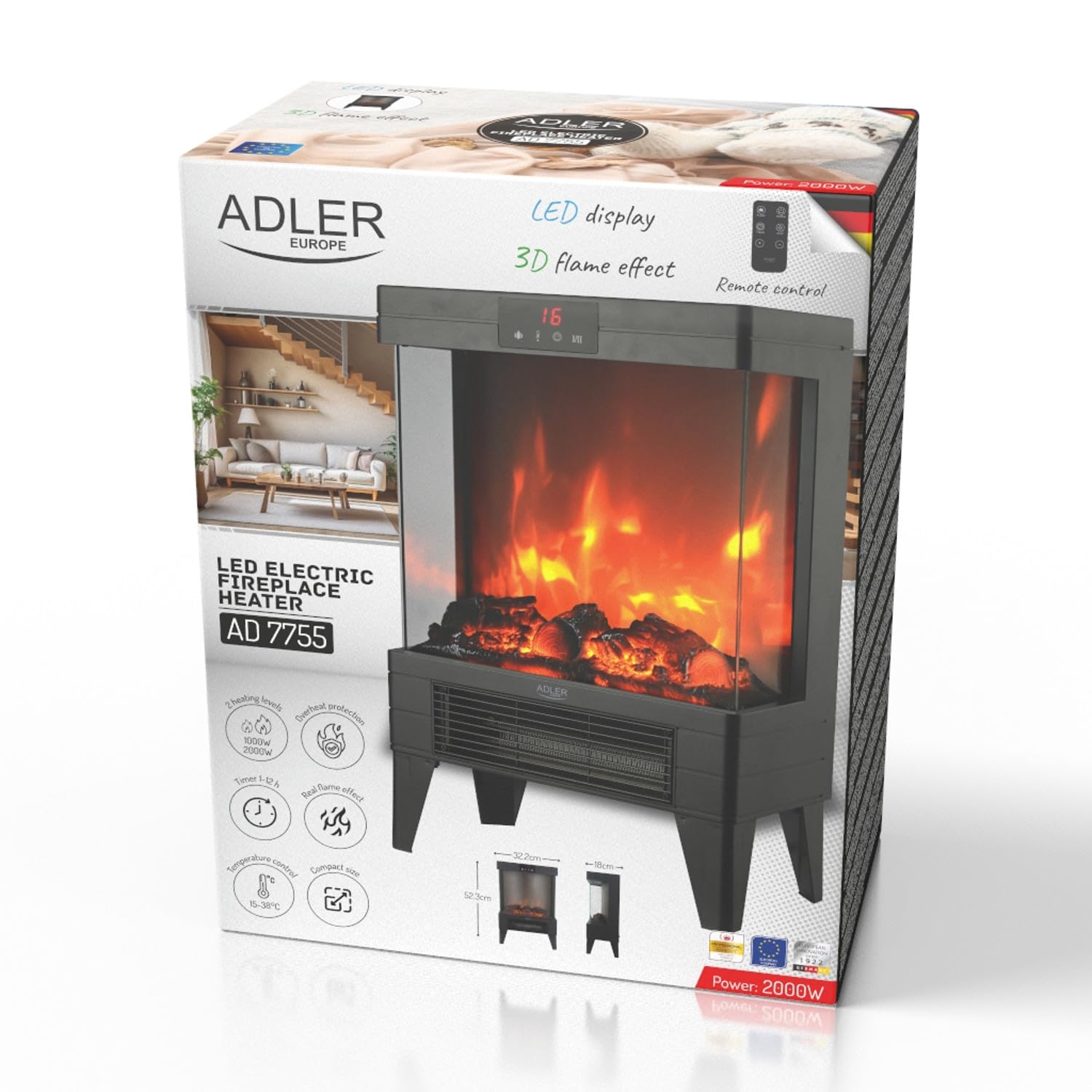Adler AD 7755 elektryczny kominek LED 2000 W – efekt płomienia 3D, termostat 15–38°C, timer 1–12 godzin, ekran dotykowy, pilot zdalnego sterowania, nowoczesna przenośna konstrukcja, szkło hartowane