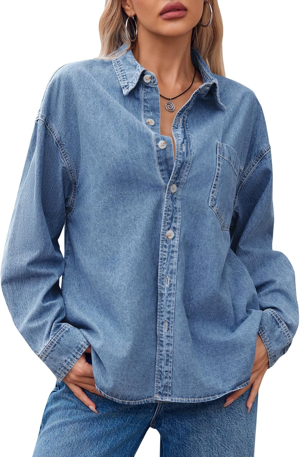 Cicy Bell Womens Oversized Denim Shirt Jean Jacket 2026 Spring Fashion Button Down Shirts Long Sleeve Tops Trendy Shackets - Image 2