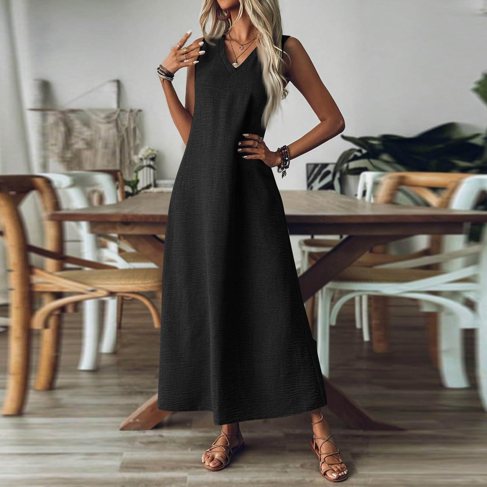 Kleid Damen Leinenkleider für Damen V-Ausschnitt ärmelloses Maxikleid, lässiges, Schlichtes, langes, fließendes Sommerkleid für Strand und Urlaub