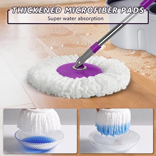 Miniatura 3 de Masthome Juego de trapeador giratorio y cubo con escurridor con 3 almohadillas reutilizables y escoba resistente con cerdas duras