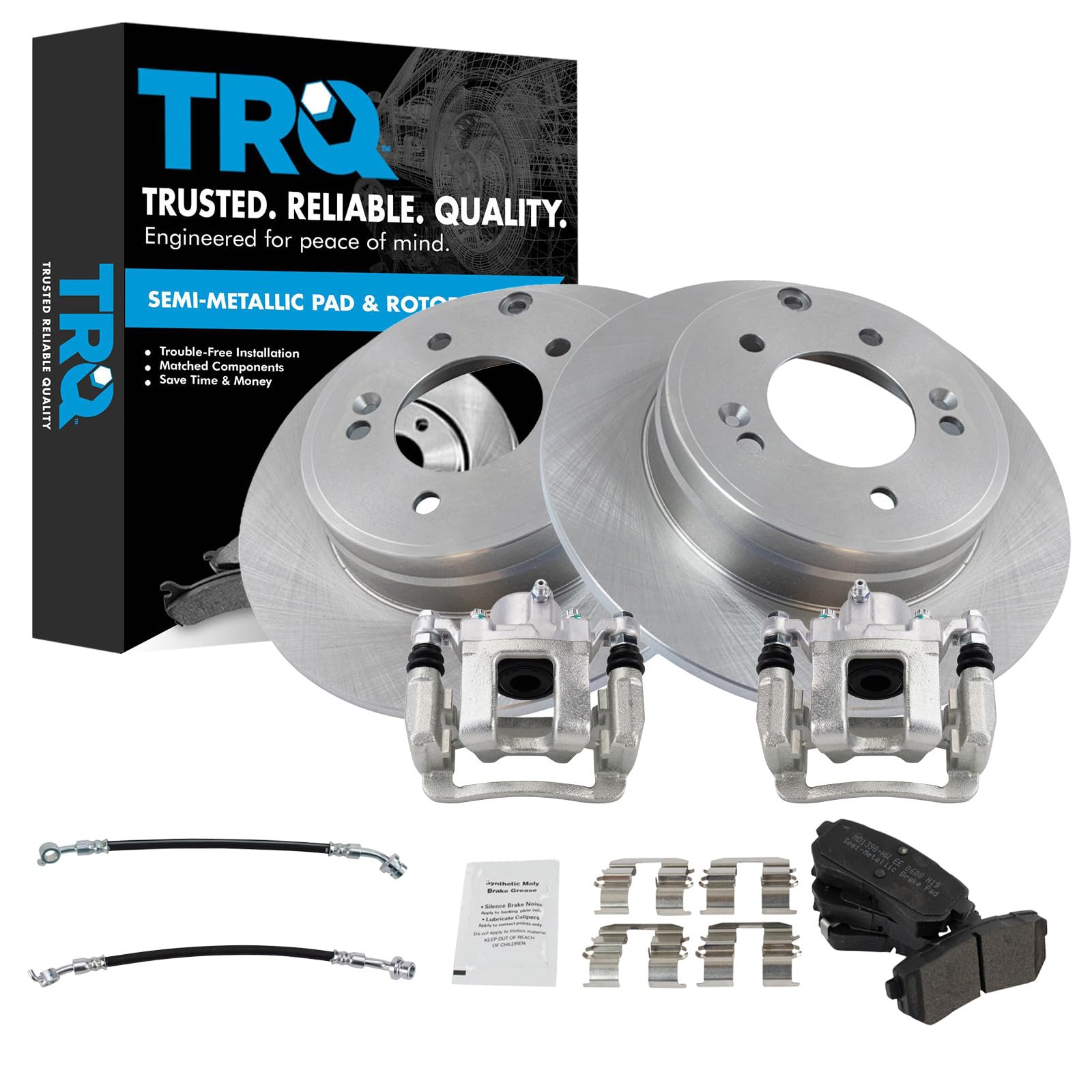 TRQ Rear Brake Pad and Rotor Set Semi Metallic Calipers Compatible with 2015 Hyundai Sonata with Manual Parking Brake
