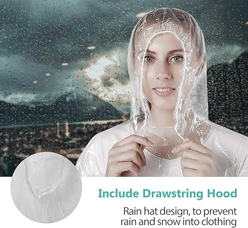 Miniatura 2 de Ponchos de lluvia desechables para adultos, plástico impermeable y capucha con cordón, transparente