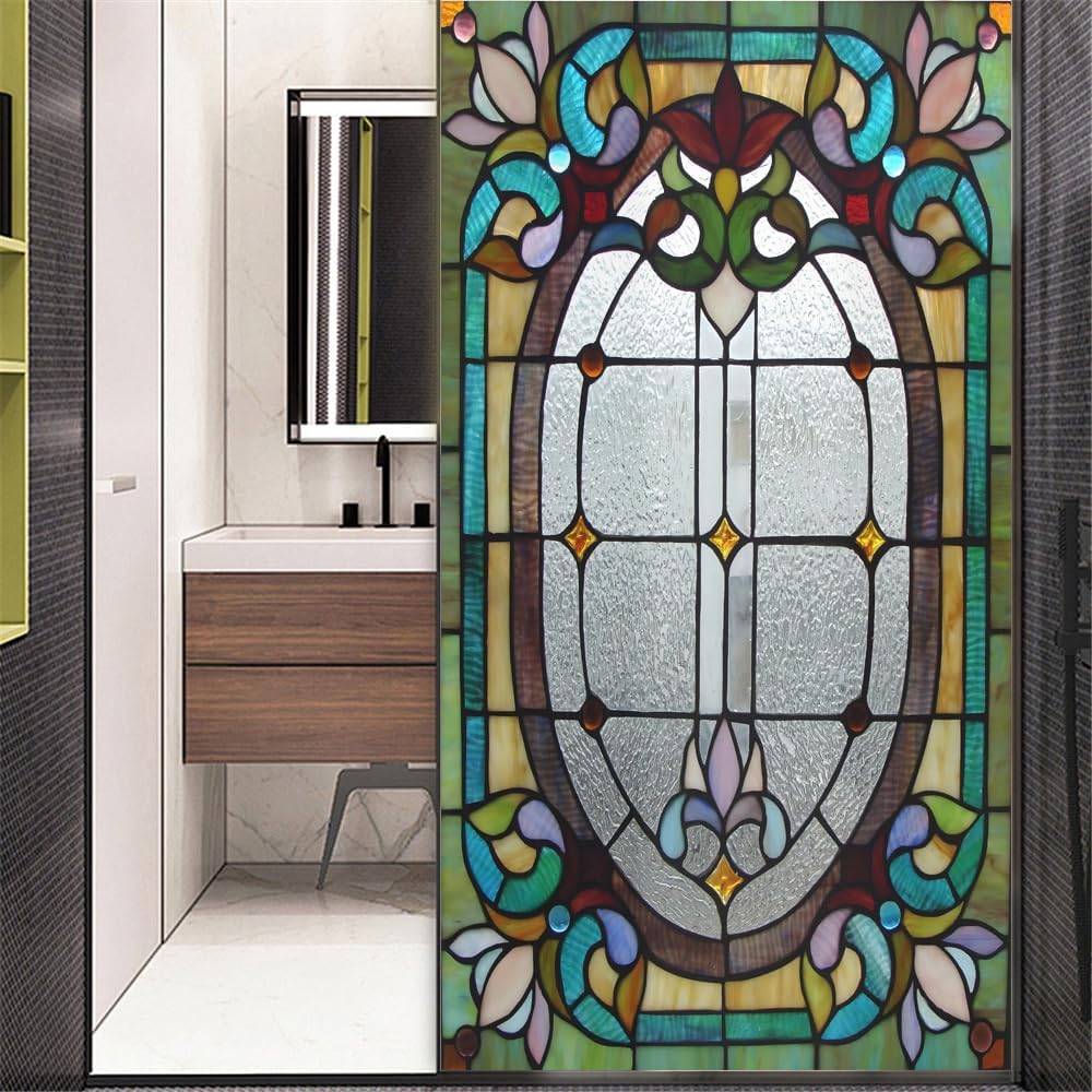 Privacy Church Style Window Film for Living Room - Non Adhesive Glass Window Clings - Decorative Tint for Home - 34.6"x70.8"(88x180cm)