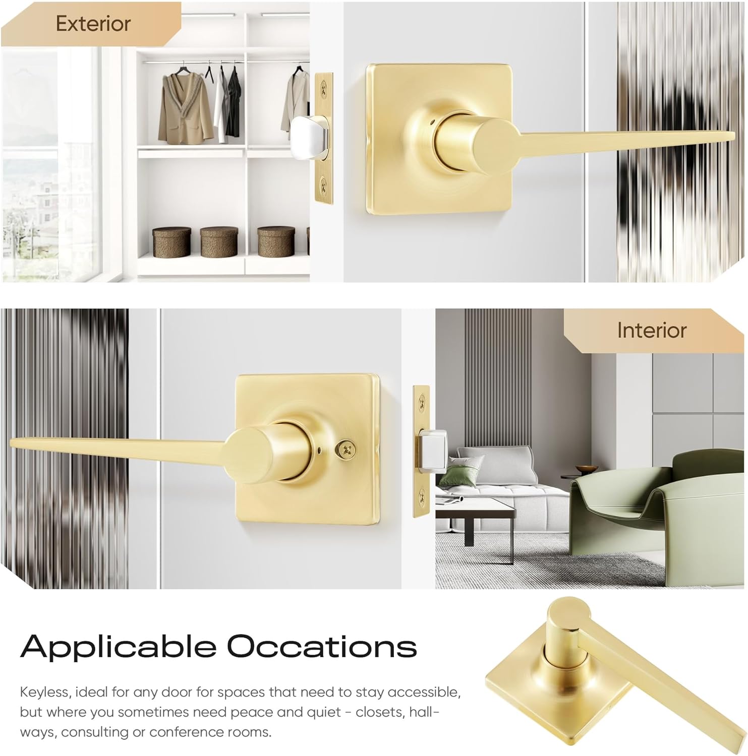 Leydebong 2 Pack Passage Door Levers Square Hall Closet Handles, Interior Non-Locking Lever Sets, Reversible for Right & Left Side, Sleek Door Knobs