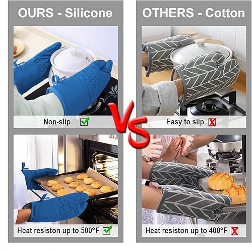 Miniatura 12 de KEGOUU Juego de 6 manoplas para horno y soportes para ollas, guantes para horno de cocina, resistentes al calor, 500 grados, extra largos, Azul cielo