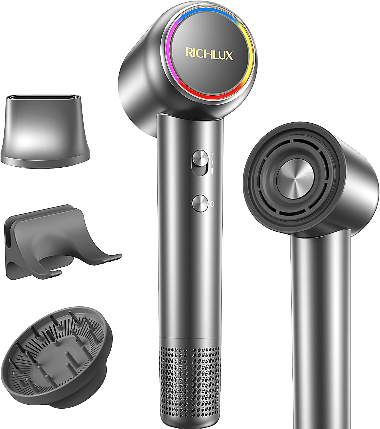 High-Speed Hair Dryer, 150,000 RPM Brushless Motor Blow Dryer with Ionic Technology, Fast Drying Lightweight Low Noise Hair Dryer, 4 Heat Modes, 2 Speeds, Diffuser & Wall Mount, Gray