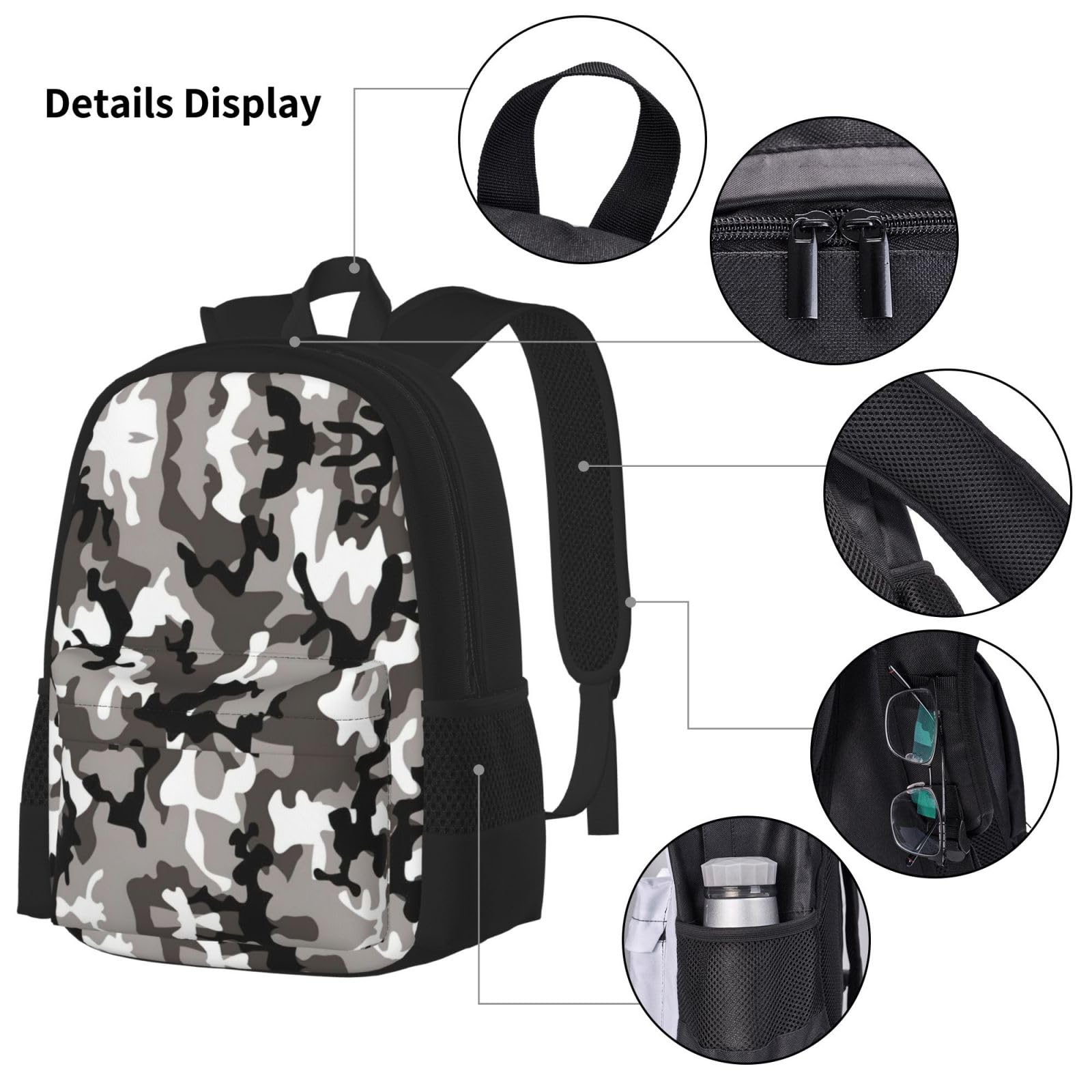 Zestaw plecaków szkolnych z nadrukiem Ack Grey White Camo, o dużej pojemności, wodoodporny plecak na laptopa z izolowaną torbą na lunch i piórnikiem dla nastolatków gimnazjalnych i przyborów
