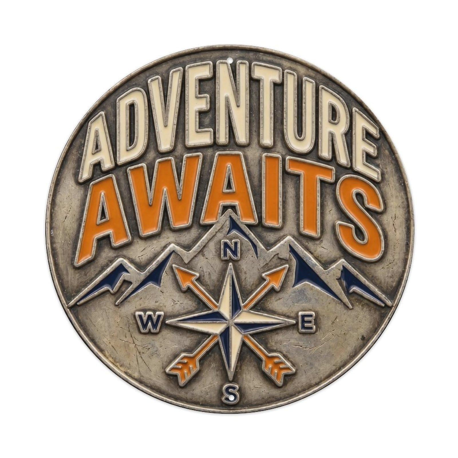 Adventure Awaits Classic Indoor Ornament Retro Slogans Metal Tin Sign Plaque Wall Decor for Cafe, Club Bar, Office, Home Garden Round Metal Poster 8x8Inch