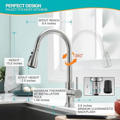 Miniatura 5 de Kicimpro - Grifos de cocina con rociador extraíble de níquel cepillado grifo monomando de arco alto para fregadero de cocina con líneas de agua