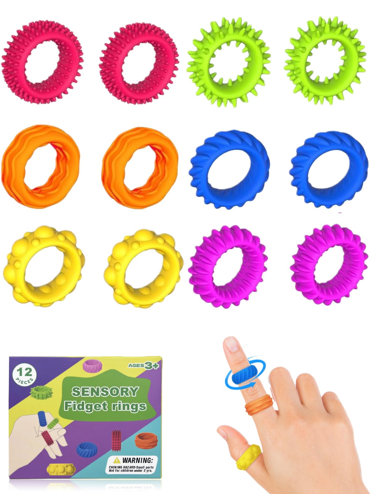 Willingood 12 Stück Silikon Fidget Toys, Anti-Stress Ring für Kinder und Erwachsene, Sensorik Spielzeug, Massageringe für Finger Akupressurring, Fidget Ring für Anxiety, ADHD, Autismus