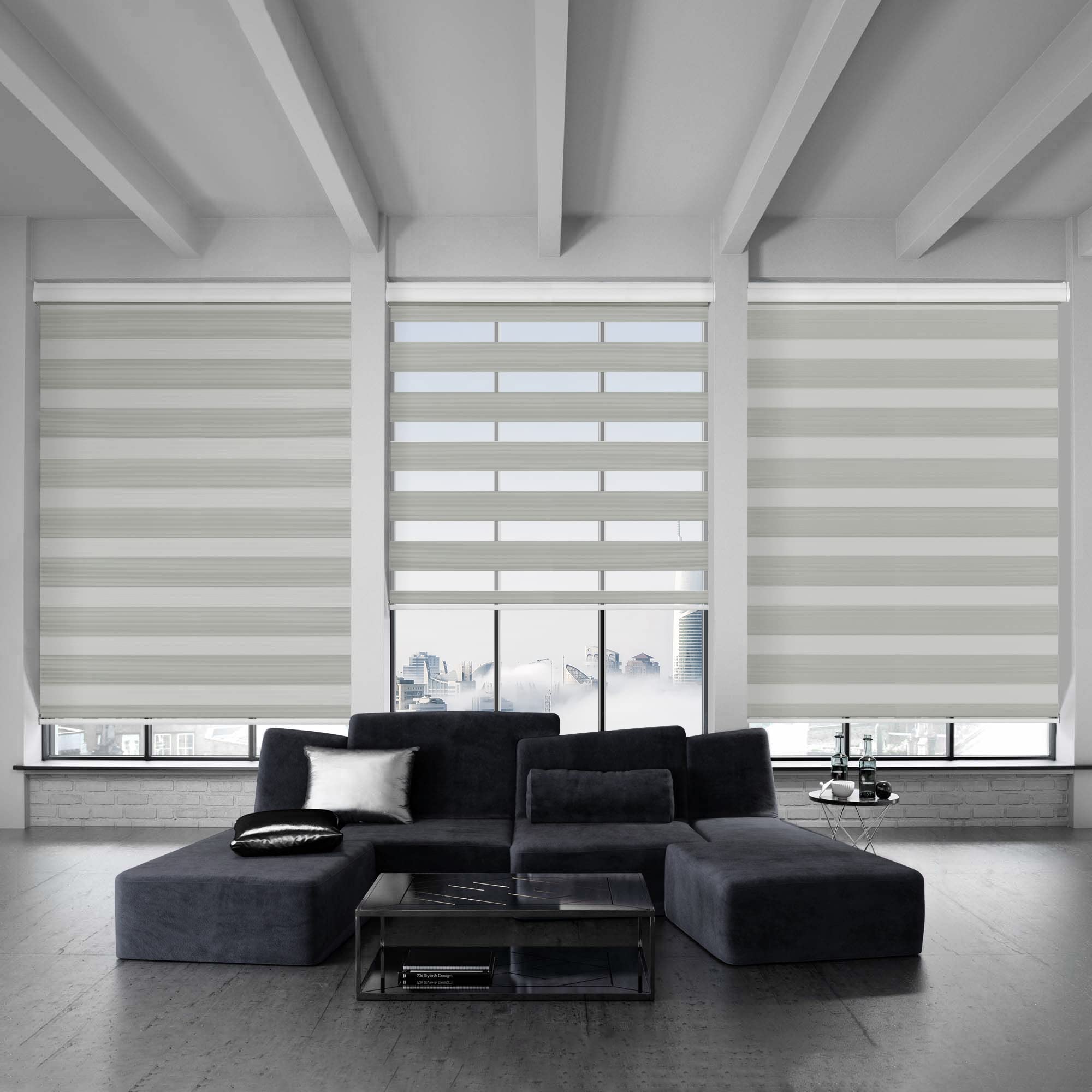 Allbright Zebra Window Blinds 64" W × 64" H Grey, Dual Layer Roller Shade, Room Darkening Shade Roll Up and Pull Down Blinds, Light Filtering Window Shades for Day and Night, Easy to Install