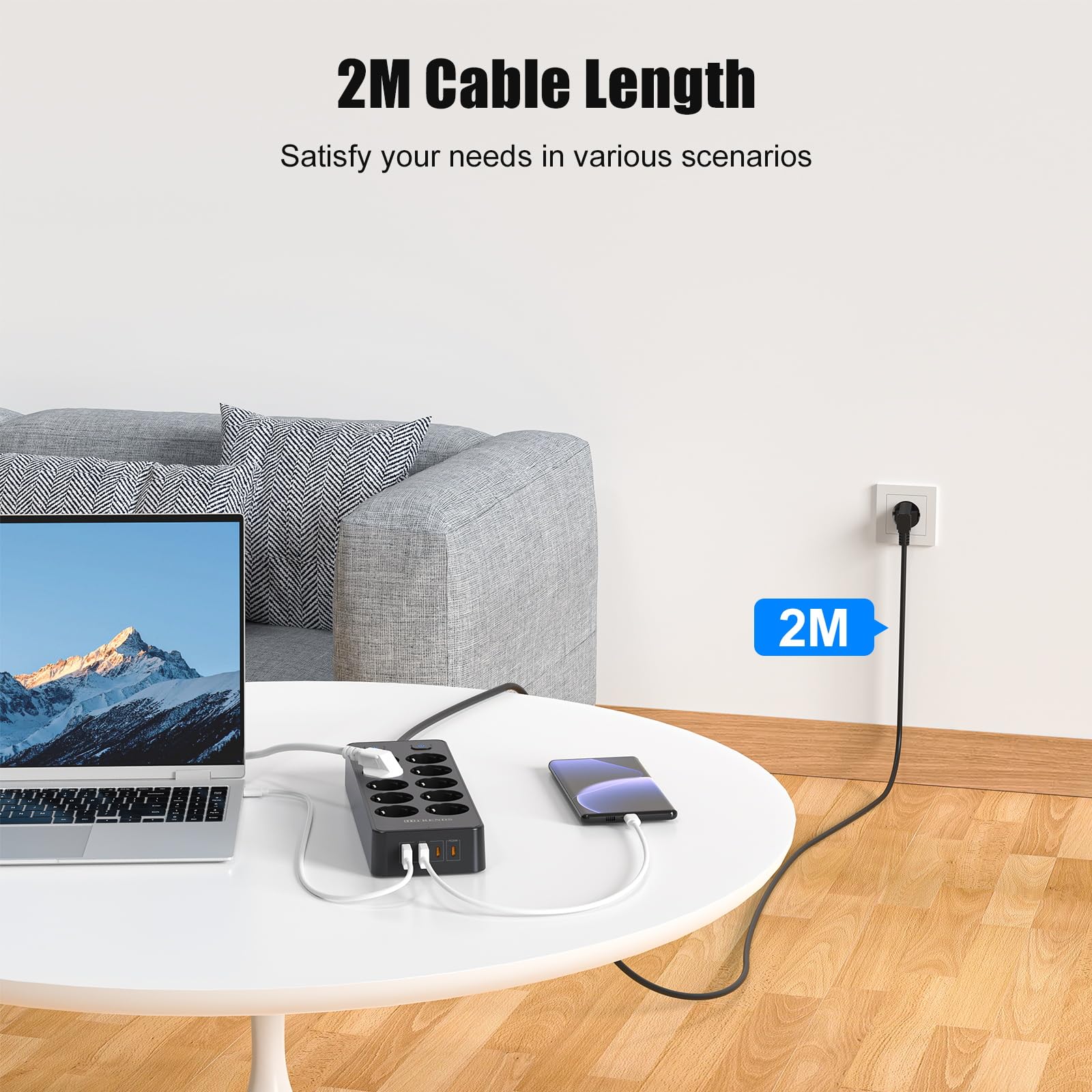 Multipresa con interruttore, Ciabatta 10 prese con protezione da sovratensione, Multipresa con 2 USB-A e 2 USB-C (20 W PD), Ciabatta con cavo da 2 m per casa, ufficio (nero)