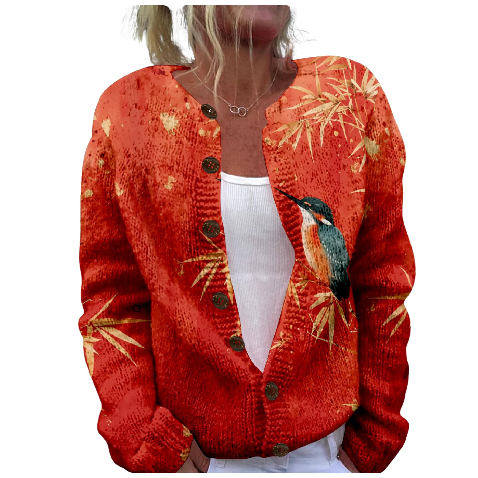 Japanese Print Sweater for Women Crane Graphic Chunky Cardigan Plus Size Button Up Knitted 2024 Winter Sweater