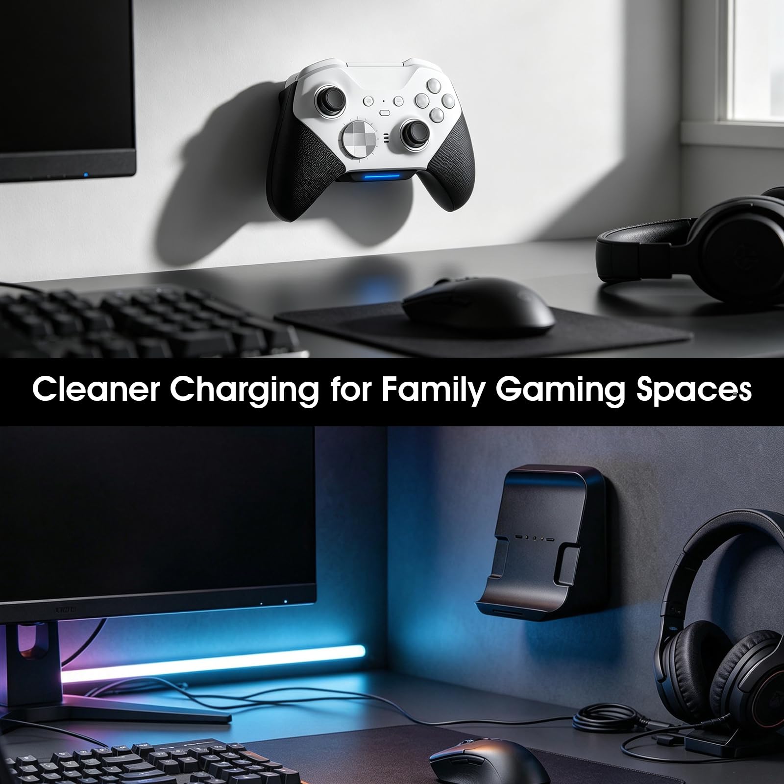 Lot de 2 stations de charge murales peu encombrantes pour manette Xbox Elite Series 2, support de bureau fin avec indicateur de charge RVB, câble de type C de 1 m, rester prêt à jouer