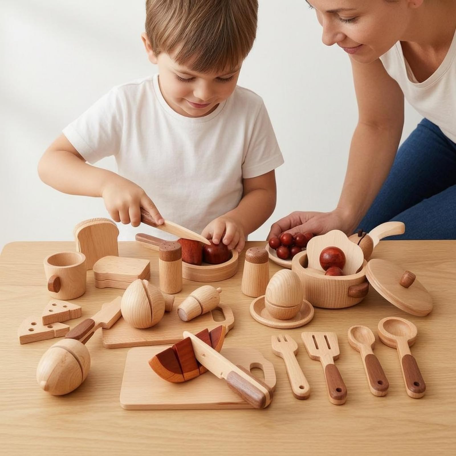 15 Pieces Giocattolo da Cucina in Legno Naturale Forme Arrotondate Set da Cucina in Legno Durevole Set Piatti Giocattolo