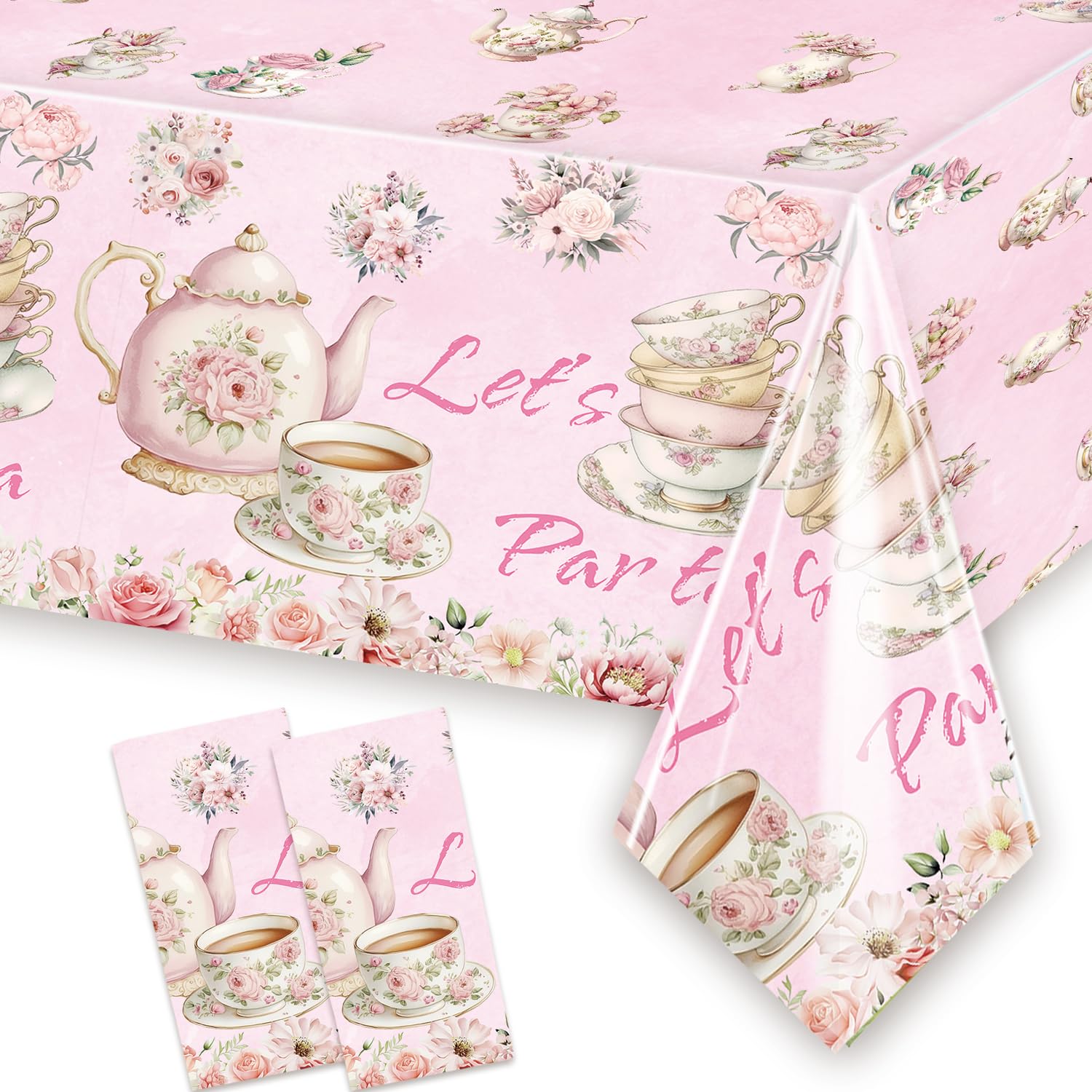 2 Pcs Pink Floral Tea Tablecloth 54'' x 108'' Let's Par Tea Table Cover for Teapots Teacups Theme Girls Par Tea Baby Shower Floral Birthday Engagement