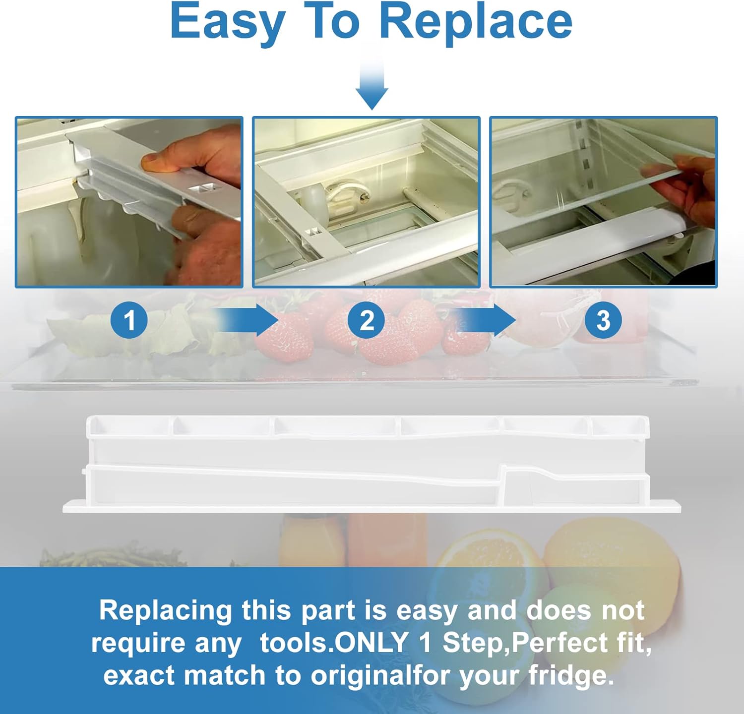 Three-step visual guide for replacing a refrigerator crisper drawer rail