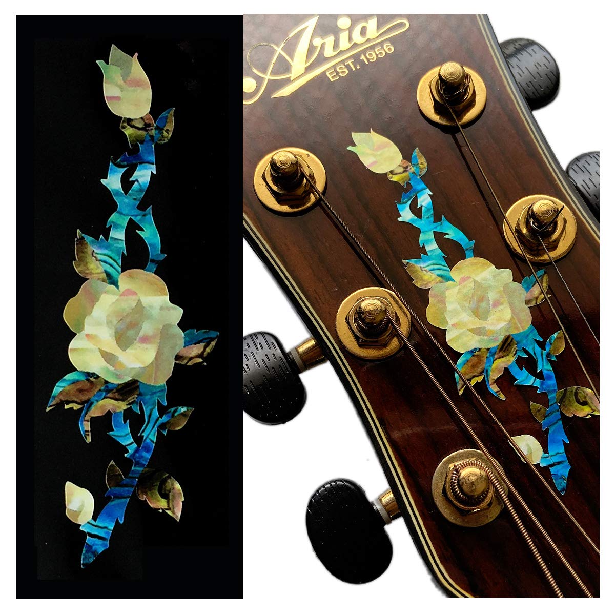 Inlaystickers for Guitar Headstock - Rose Vine H-118rv-wt