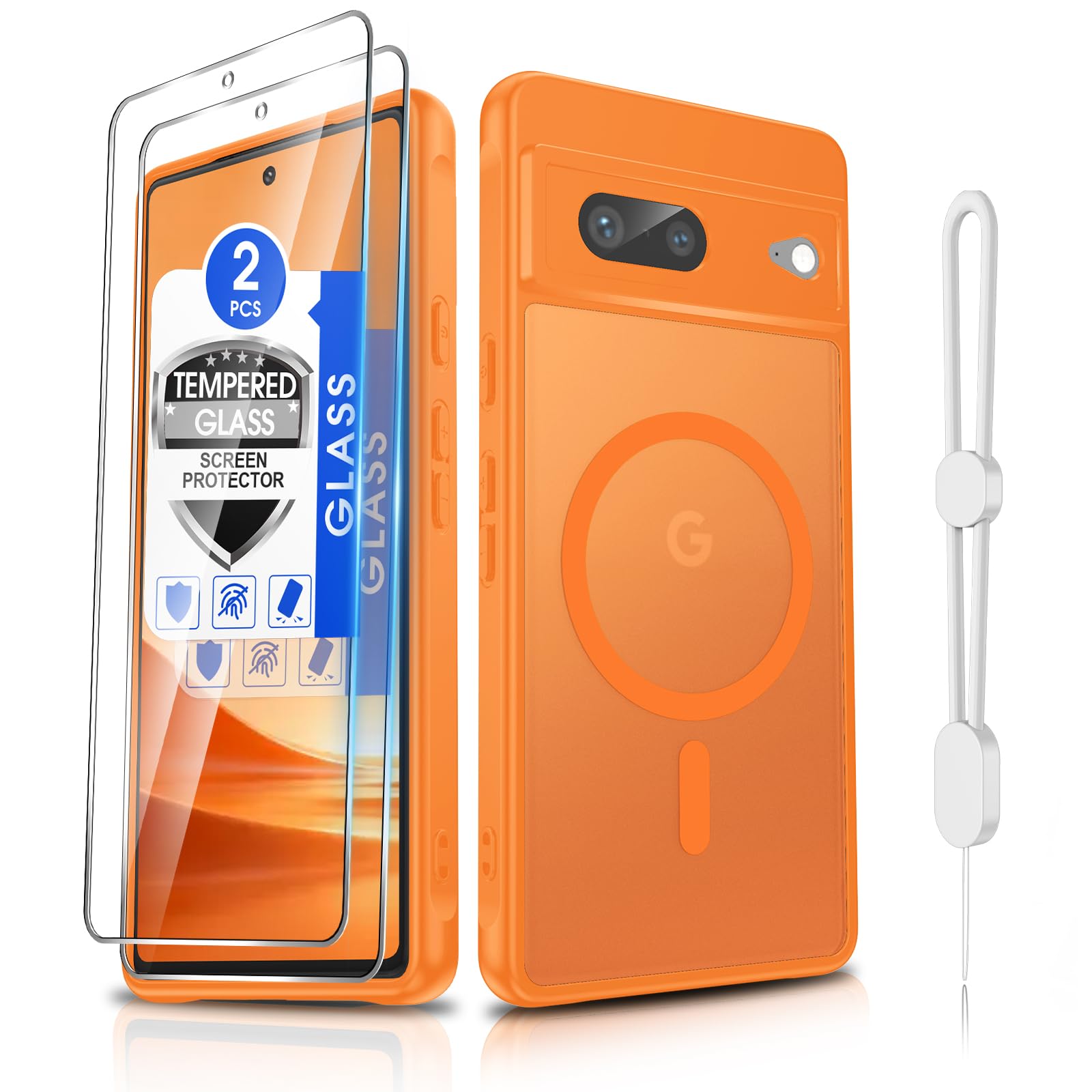 Dizn for Google Pixel 7 Case:with [2 Pack]Tempered Glass Screen Protector,Strap,[Fit for MagSafe],Matte Translucent Cover &amp; Military Grade Anti-Scratch Protective,for Google Pixel 7 Phone Case,Orange