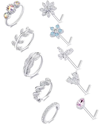 Tornito 10-Piece Paved Flower Leaf Feather CZ Nose Ring Hoops