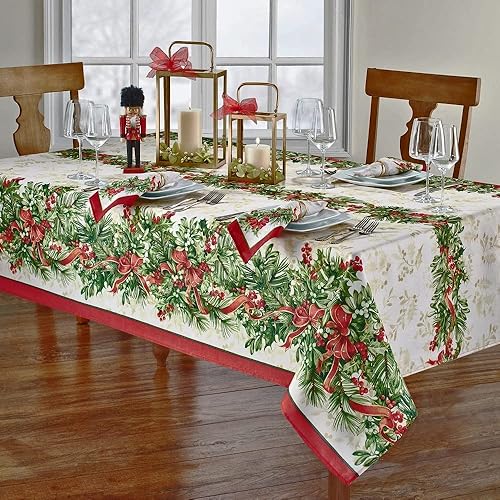 Miniatura 3 de Mantel Newbridge Holly Ribbon Traditions de tela, de Navidad, con bordes de flores de acebo y bayas, diseño de guirnalda de cinta, fácil cuidado,