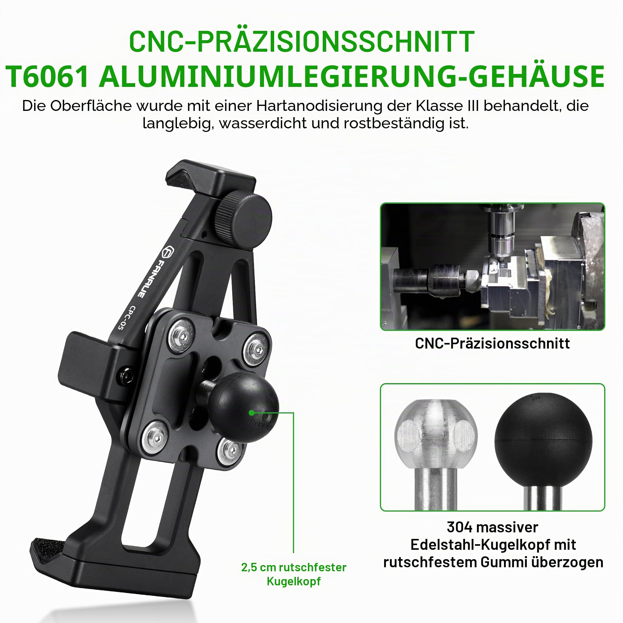 FANAUE CPC-05SA Anti-Vibration-Motorrad-Telefonhalterung mit 2,5 cm Kugelkopf für RAM-Halterungen, B-Größe, Doppelbuchsenarm und Fahrrad-Handyhalter für 5,5-7 Zoll Smartphone, Anti-Locker-Knopf,