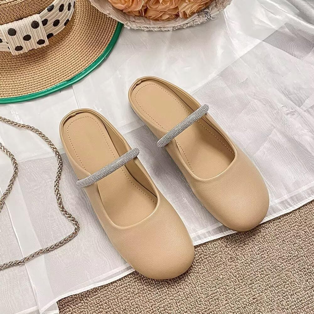 VFDB Women Mules Elegant Dressy Flats Closed Toe Microfiber Leather Shoes Adjustable Buckle Strap Mary Jane Casual Office Shoes